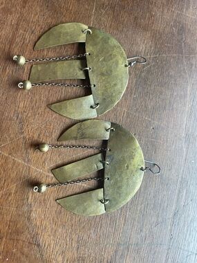 Old Vintage Artist Made Brass and Sterling Crescent Dangle Earrings